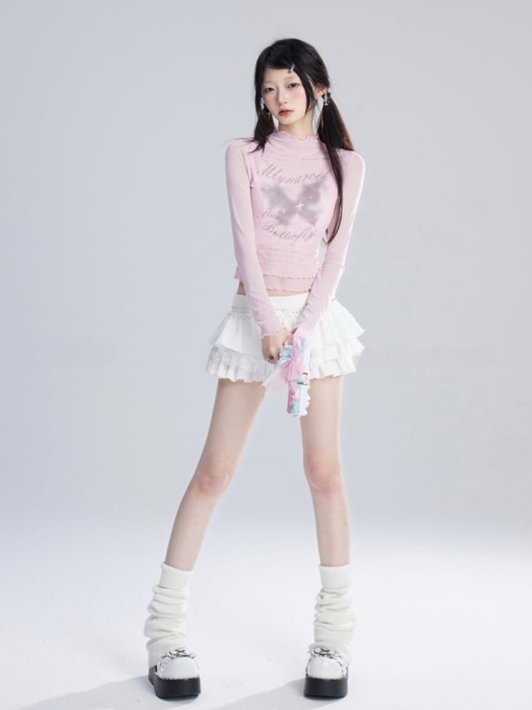 Pink/White Semi-sheer Top Butterfly Print Lettuce Hem Mesh