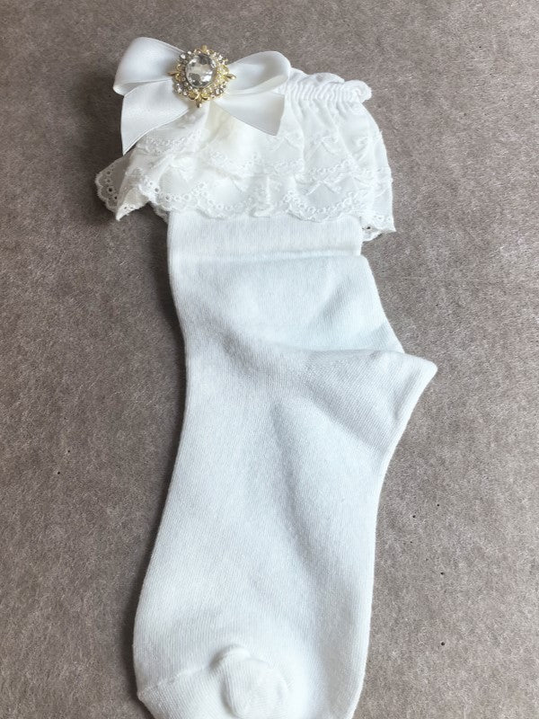 White Calf Ruffled Jirai Cuff Kei Bowknot Pink/Blue/Purple/White/Black/Beige Socks With Details