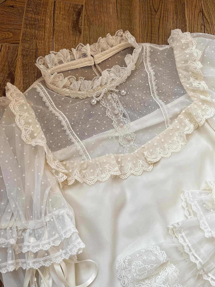 Tüll Weiß mit Ärmeln Creme Abnehmbare Bluse Gepunktet Puff