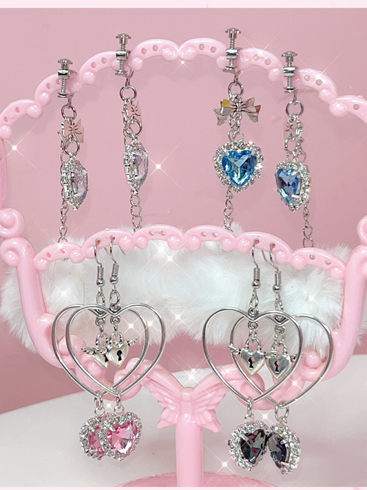 Pompons & Rhinestone Detail Jirai Kei Ear Clips