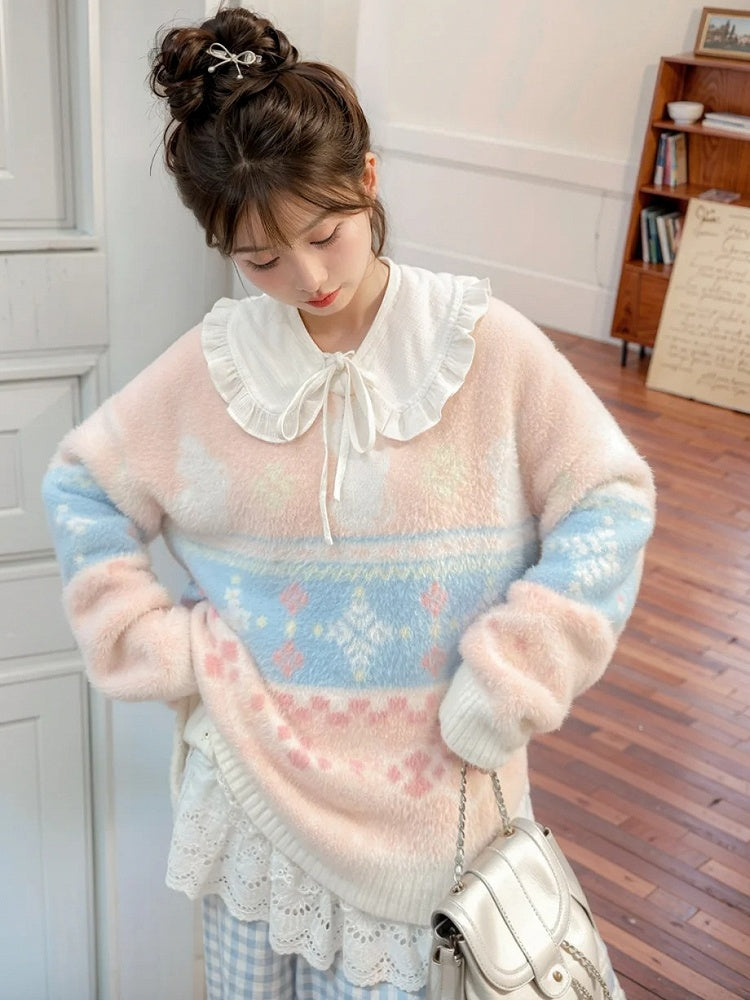 Rosa weicher Pullover mit süßem Häschenmuster und Rundhalsausschnitt