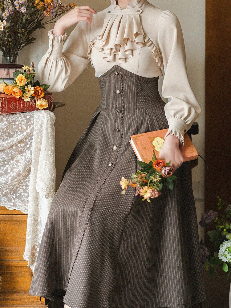 ブラウンの春のエレガントな骨太ハイウエストヴィンテージロリータスカート