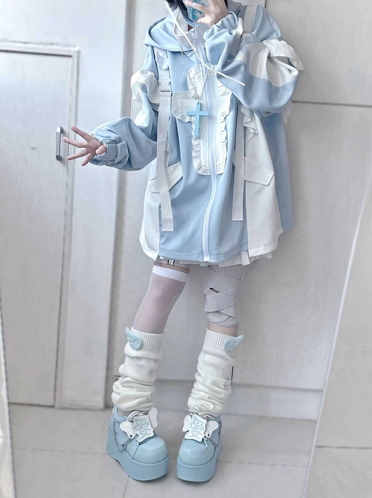 Tenshi Kaiwai Hellblau Yami Kawaii Kreuz Katzenohren Kapuzenpullover Shorts Beinwärmer Set
