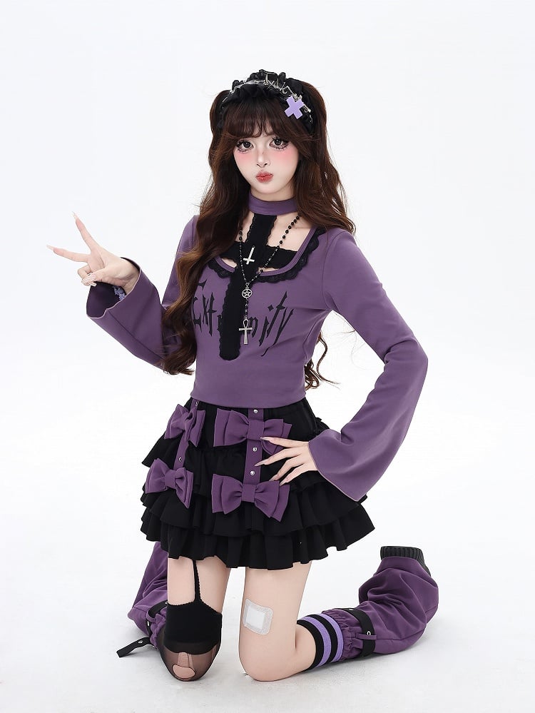 Purple Lined Leg Warmers Tiered Skirt with Criss-cross Bowknots Strap Black
