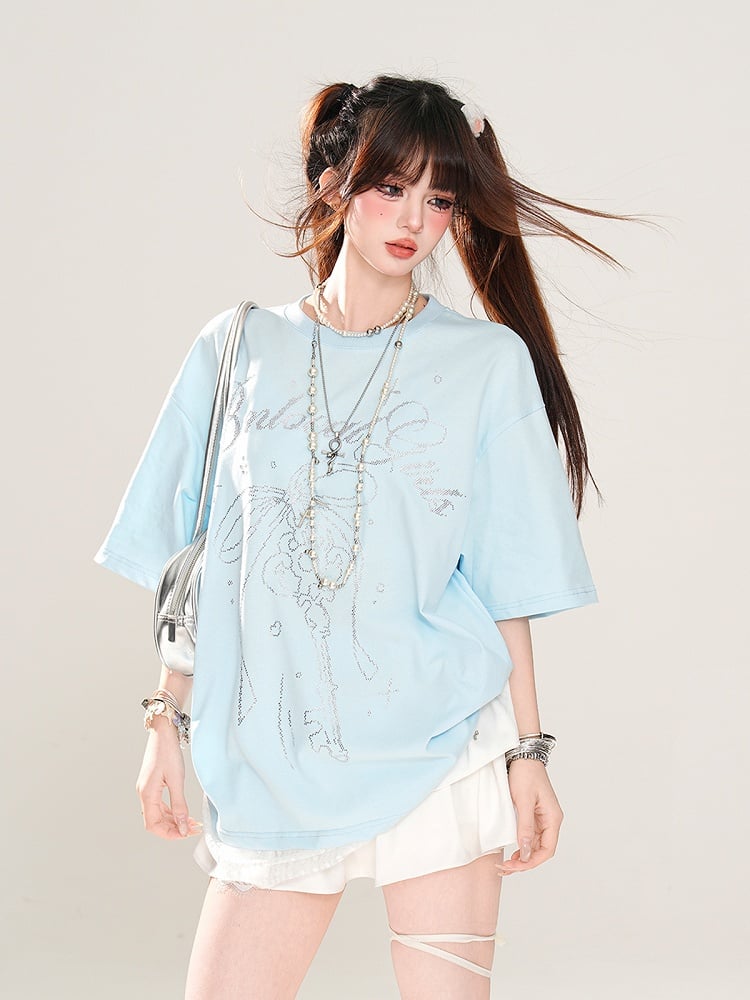 T-Shirt Loose Blue/White Key and Bowknot Print Lace Trim
