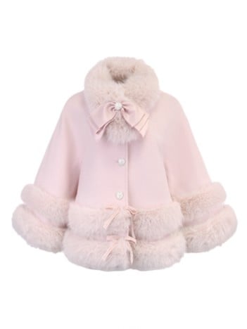 Bow Fur-Trimmed Pink Fleece With Accents Faux Cloak
