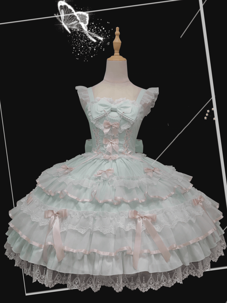 Lace-up Waist Lace Trim Sleeves Old School Lolita Cotton Green Mint Jumper Flutter Skirt Dress