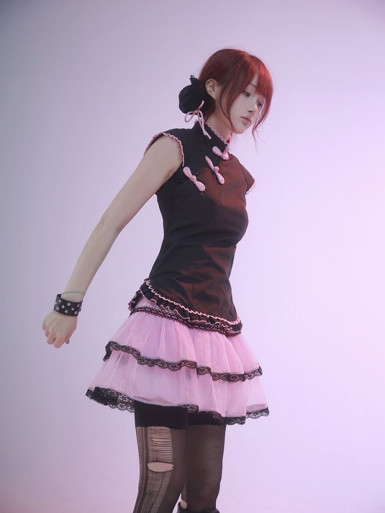 Haut noir sans manches à boucle cheongsam