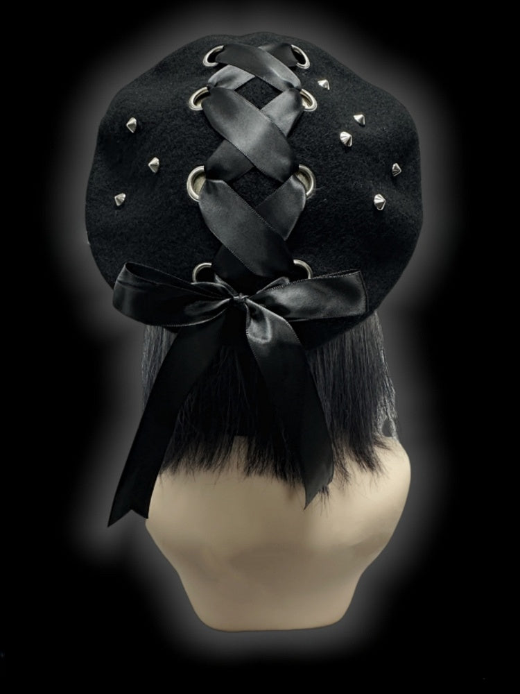 Y2K Black Lace-up Detail Studs Wool Beret