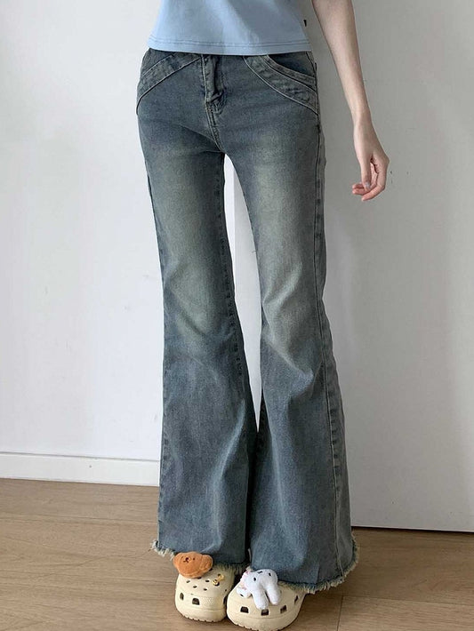 Blue Raw Hem Flared Jeans