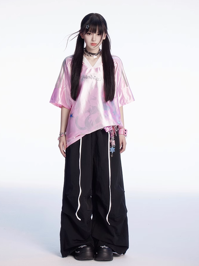 Patchwork Wide-leg Casual Pants Plaid Waist Drawstring Cuffs Black