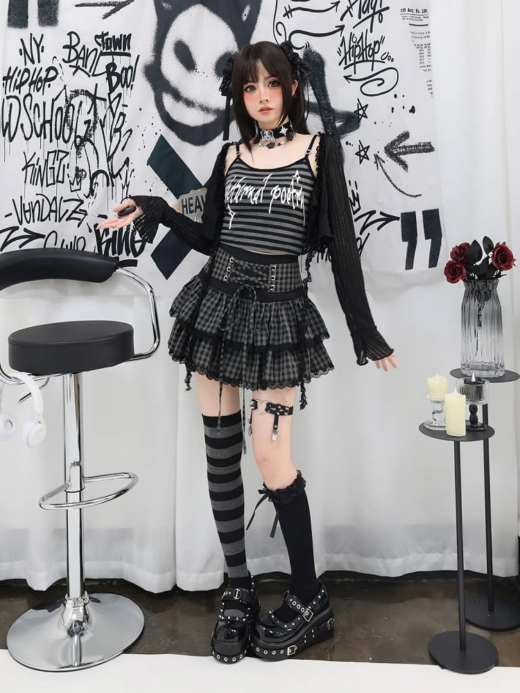Black and Gray Plaid Lace-up Waist Tiered Skirt