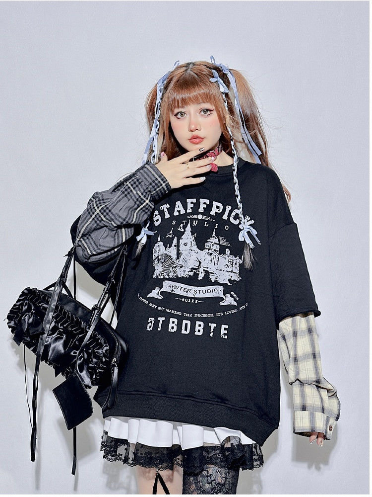 Black Plaid Round Neck Letter Fake Two-piece Sweatshirt
