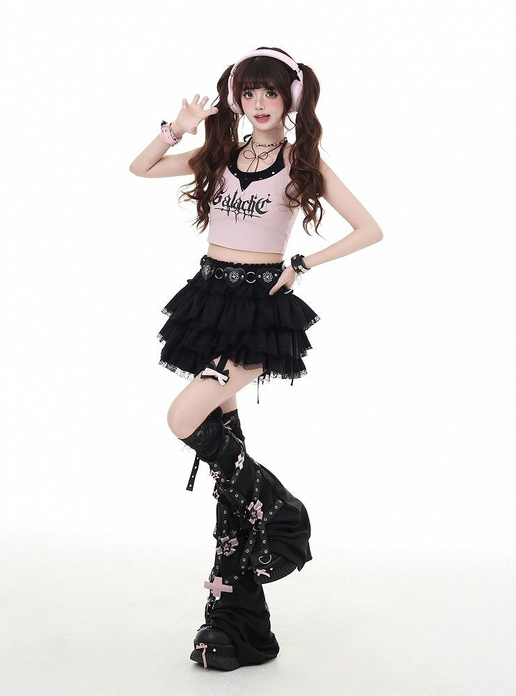Glamorous Red/Pink/Black Bowknot Y2K Trim Detachable Lace Tiered Skirt with