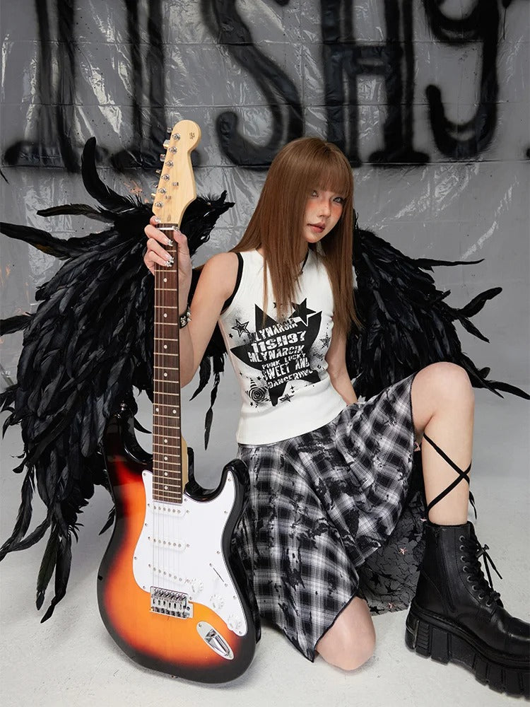 Y2K Mesh Taschentuch Schwarz-Weiß Karierter Saum Glamouröser Rock