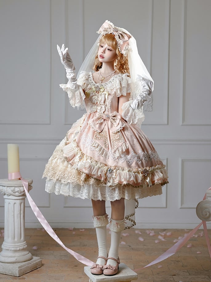 Jumper and Bead Pink Dress Skirt Bow Accents Set Full Princess Jacquard Lolita
