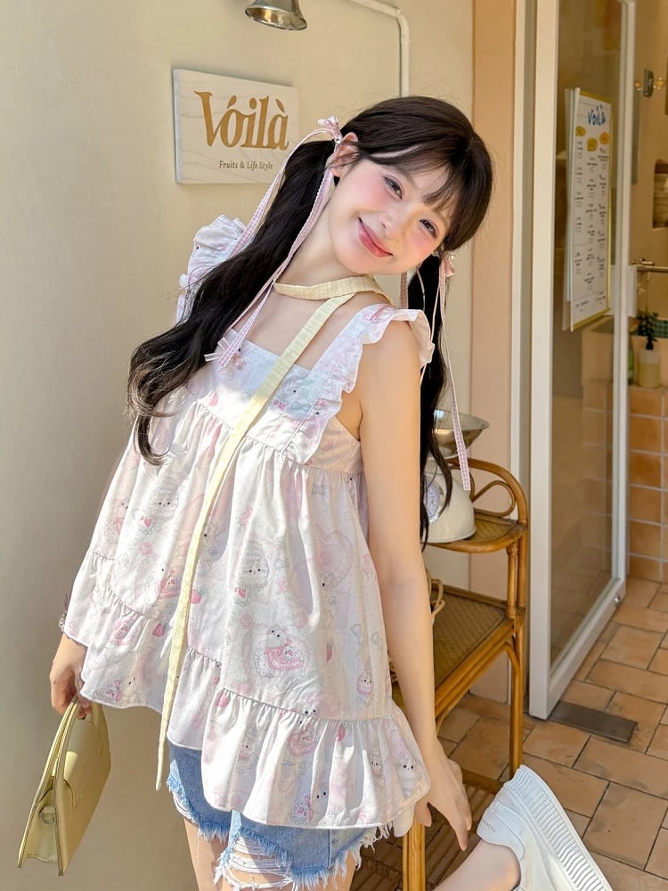 Print Sweet Pink Flutter Sleeves Allover Sleeveless Top Kitty