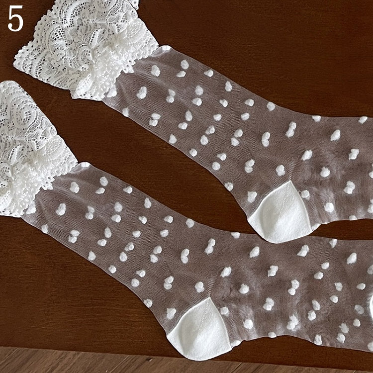 Semi-sheer White Socks/Lace Loop Stockings/Floral Bowknot Lace Leg Trims Tights/Beaded Stockings/Tulle Underknee Pattern