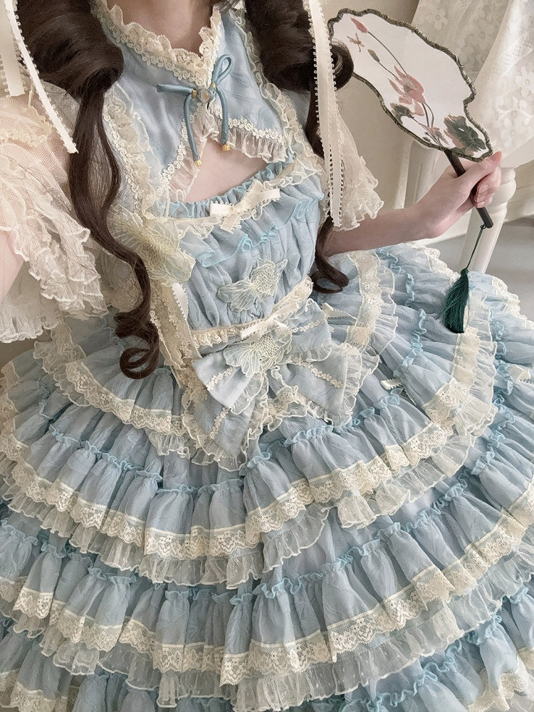 Lace with Lolita Details Embroidery and Tiered Goldfish Dress Sweet Ruffles Blue