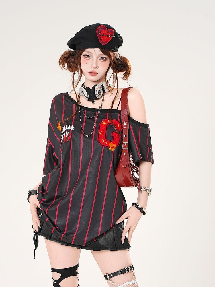 Asymmetrischer Ausschnitt Blokette Core Weiß/Schwarz gestreiftes T-Shirt