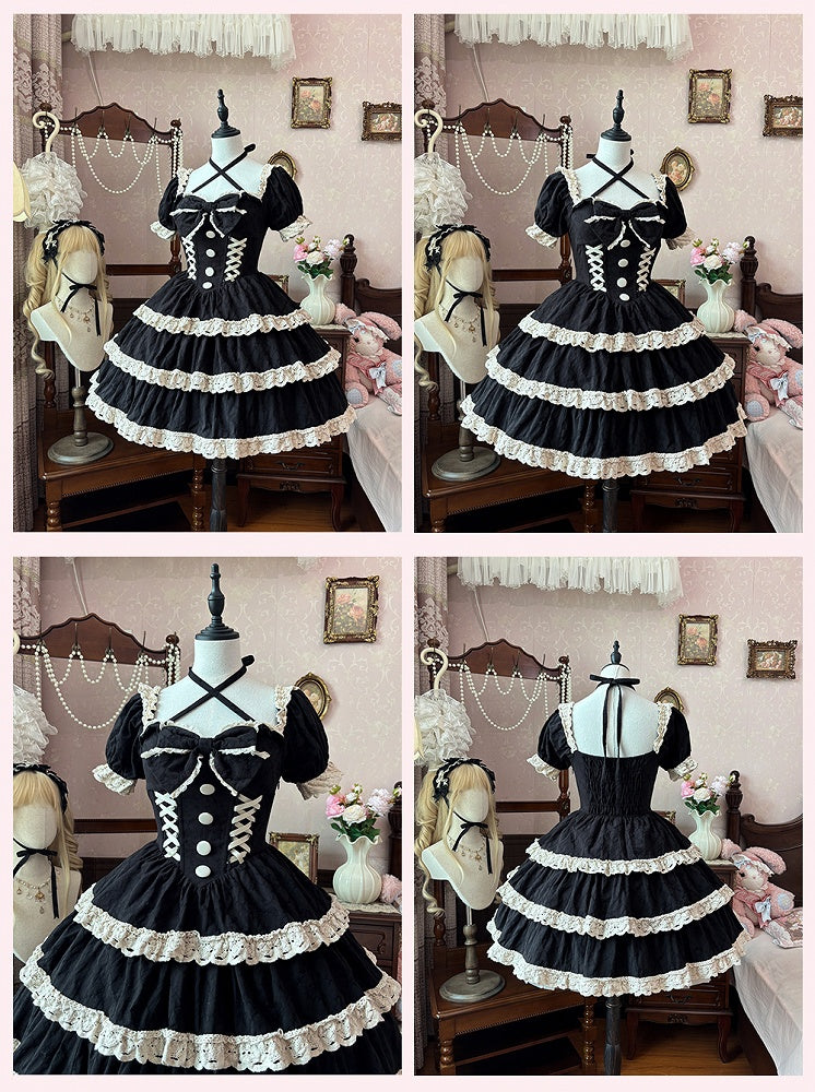 and Lolita Waist One Lace Piece Basque School Dress Beige Old Black Trim