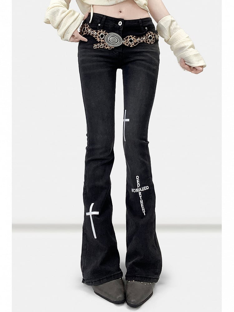 Flare Black Wings Print Y2K Jeans And Silhouette Cross
