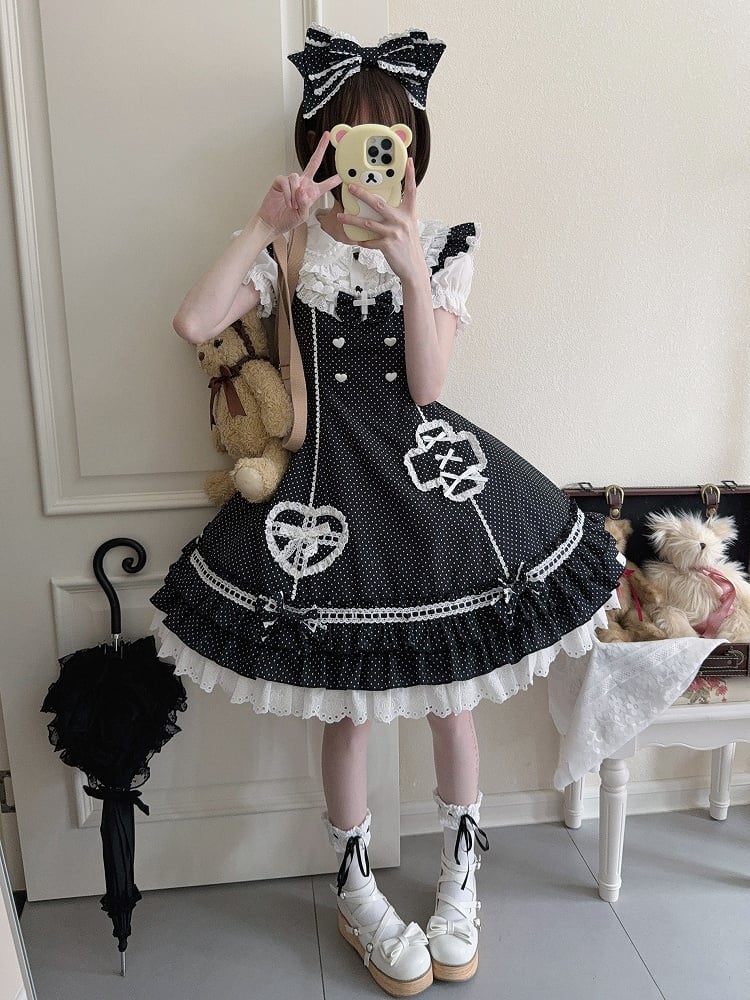 Polka-dot Ruffle Hemline Lolita Nurse Pattern Dress Layered Black