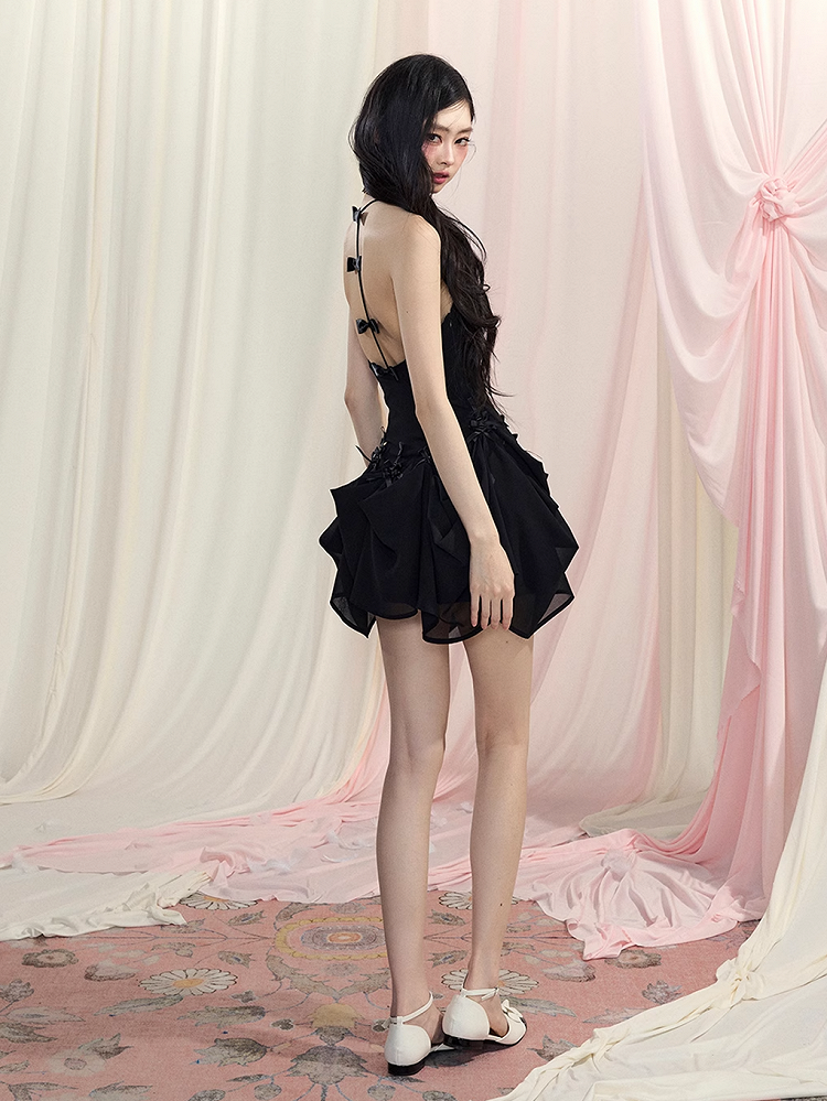 Black Halter Neck Dress Slip Ways Accents Two V-Neck Bowknot Chiffon Wear Backless