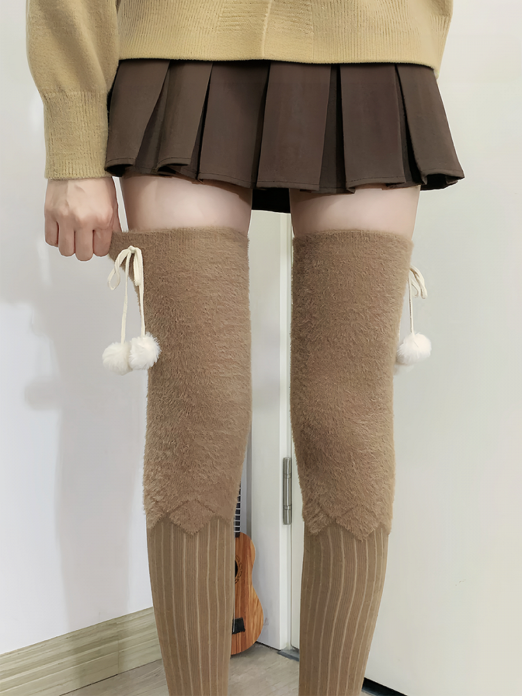 Milk White/Light Coffee/Gray/Black Plush Overknee Stockings With Pompons