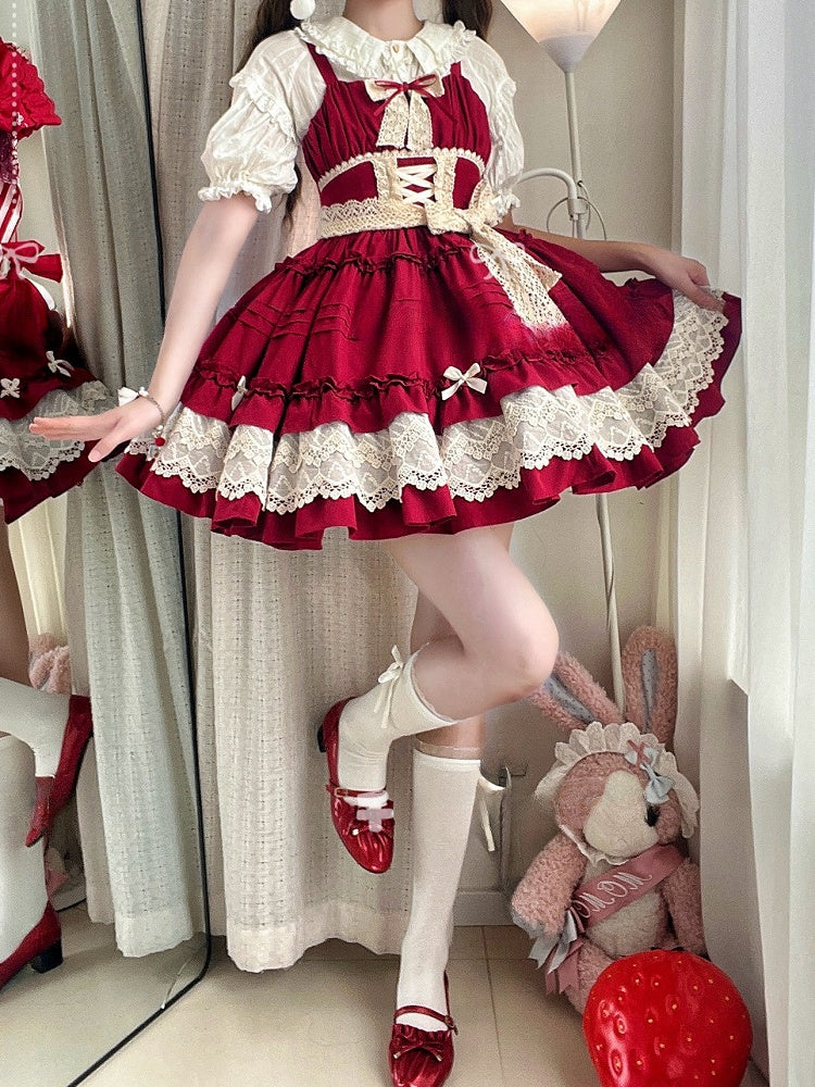 トリムフリルロリータレッドプリーツスカートサマーとジャンパー