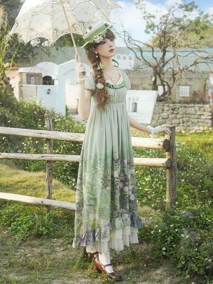 Empire Set Painting Oil Roses Lolita Elegant Green Print Waist OP Skirt