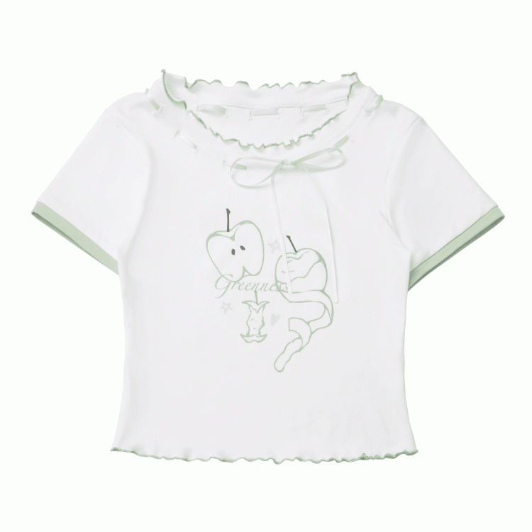 Neckline Green Apple Print Lettuce Hem Self-tie White T-shirt Bow