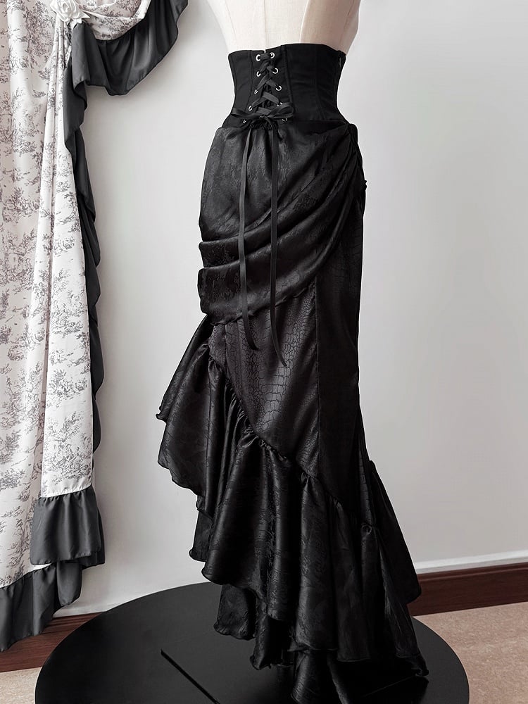 Flounce Gothic Skirt Hem Corset Waist Mermaid Cascading Black Boned Asymmetrical Lolita High