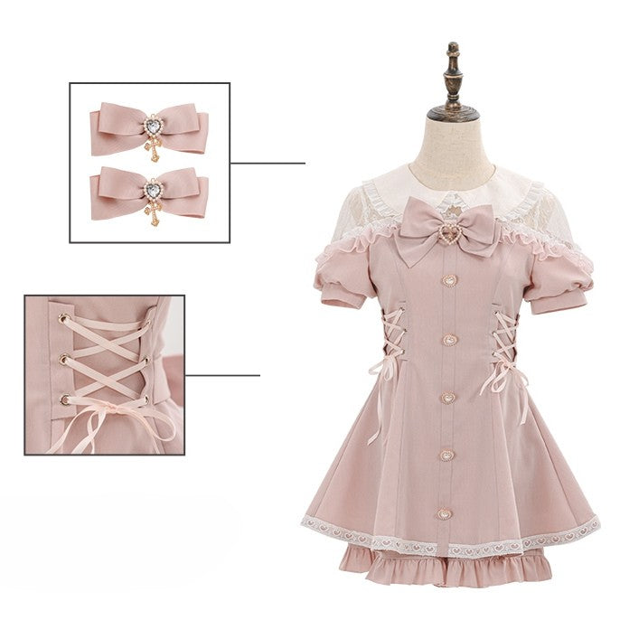 Lace Outfit-Lace-up Kei Ruffles Trim Sleeves Short Jirai Pink Shorts + Details Top