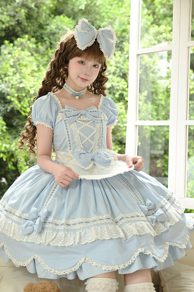 and Short Piece Blue One Neckline Puff Old Lolita School Sleeves Cotton Dress Square