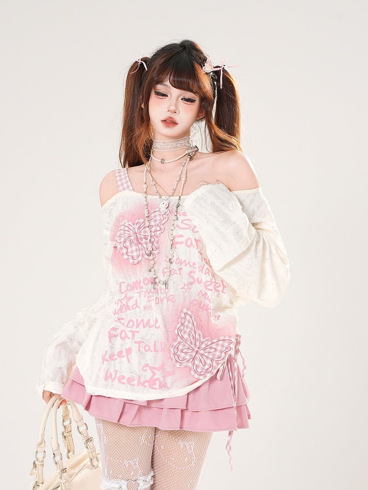 Off-the-shoulder Black/White Pink Plaid Butterfly Appliques