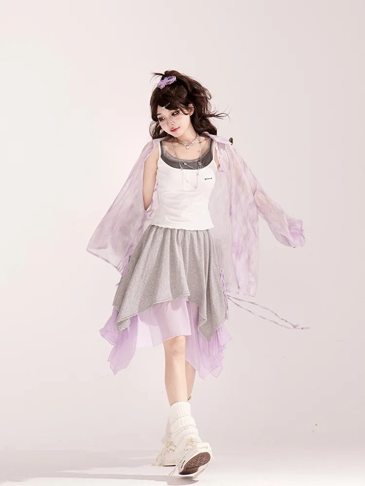 Light Waist Wide-leg Casual Loose Shirt / Pants Purple Drawstring