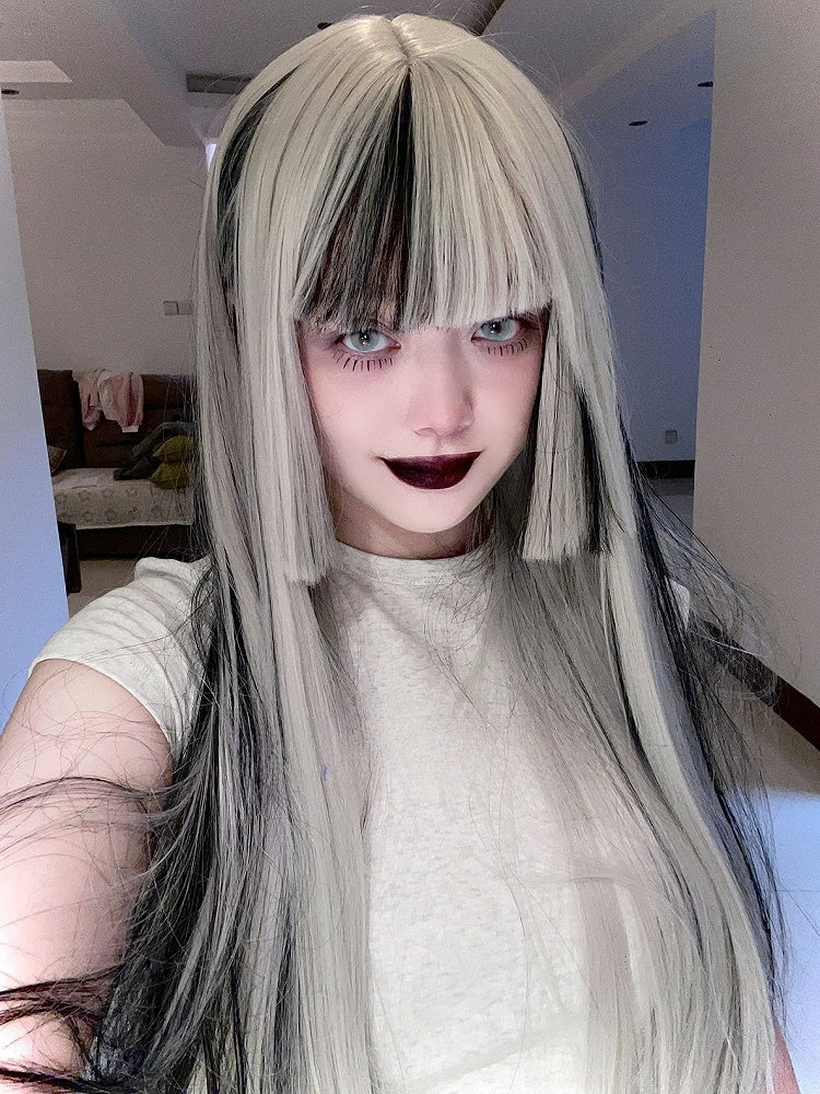 Bangs With Highlight Wig Hime Full Cut Black Straight Length 80CM Silver And