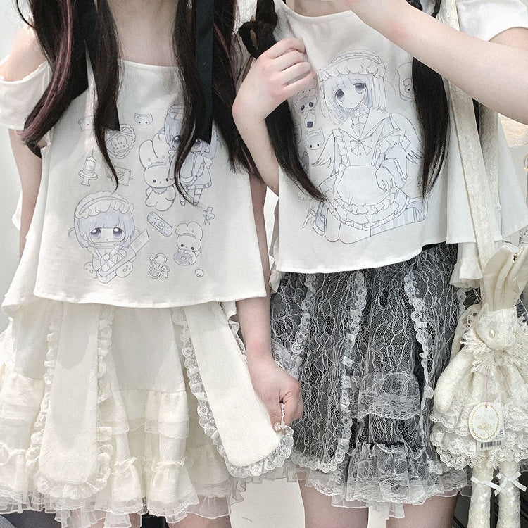 Yami Kawaii Cartoon Print Cutout Shoulder White Jirai Kei T-shirt