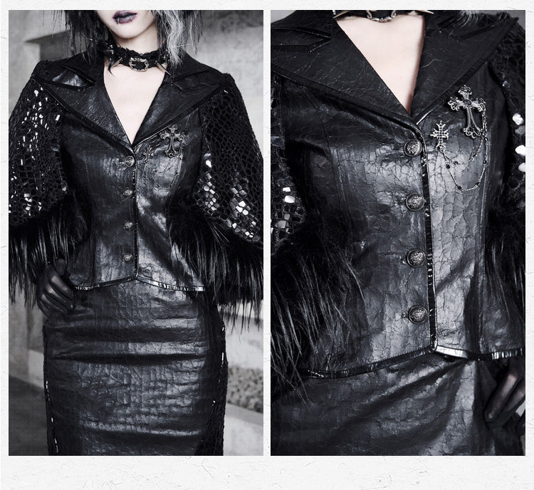 ブラックのシャープアングルノッチカラーオフィスレディふわふわヘムラインケープブレザー