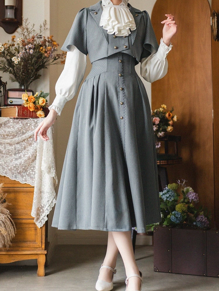 ライトダスティブルーの春ヴィンテージボーン入りハイウエストエレガントクラシックロリータスカート