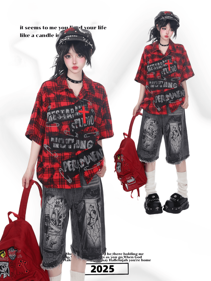 Vintage Red Plaid Short Sleeve Loose-Fit Shirt with Pin and Letter Tag Prints