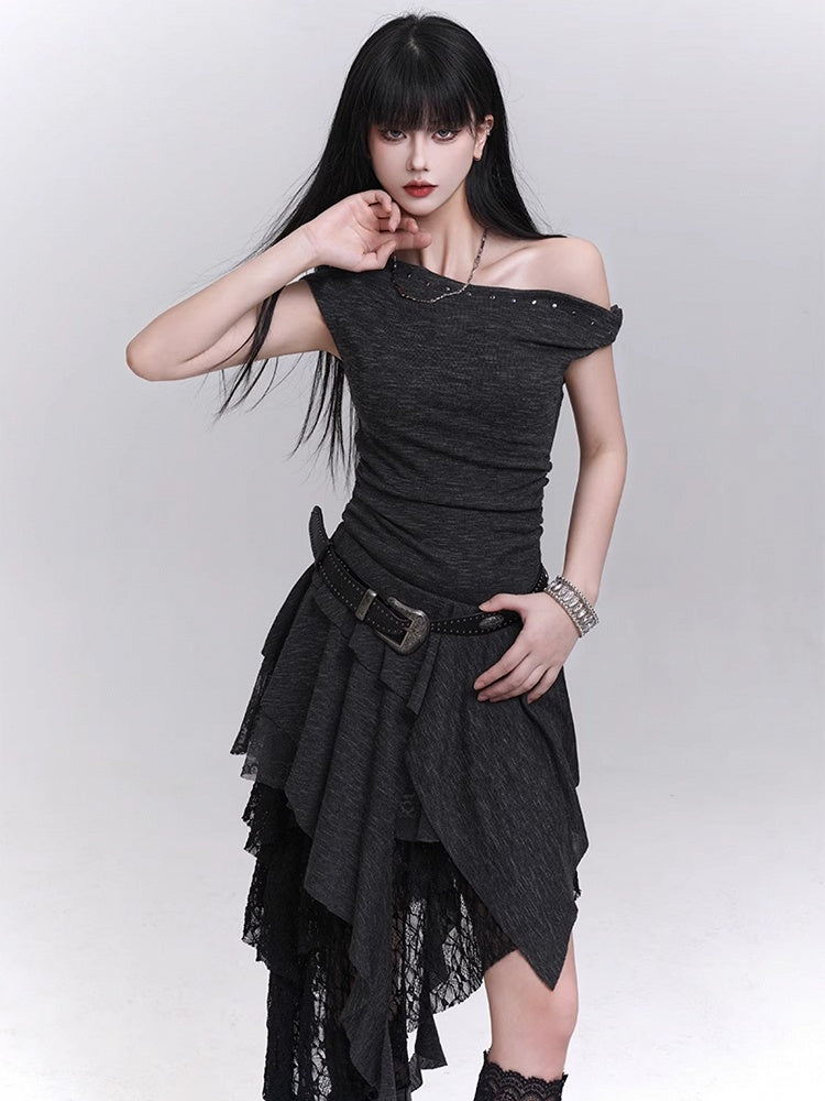 Buckle Studded Asymmetrical Neckline Cascading Ruffles Belt with Dress