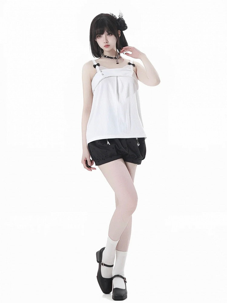 Polka-Dot Bubble Shorts with Butterfly Charms Black Cheongsam Style