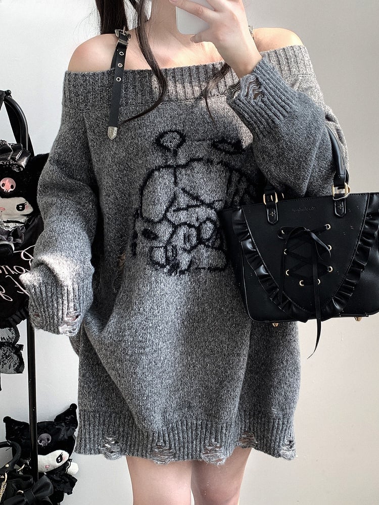 Jirai Kei – Grauer Pullover mit Engelswelpen-Grafik und abgenutzten Löchern in Landmine-Optik