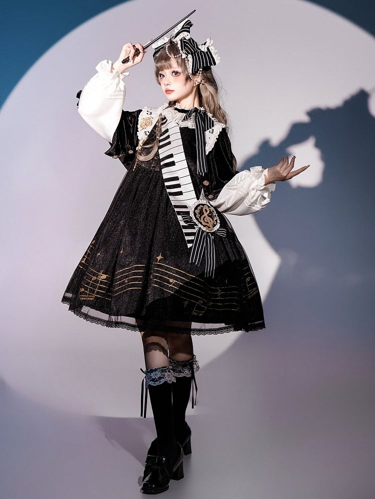 音符プリントの白黒長袖ロリータOPフルセット