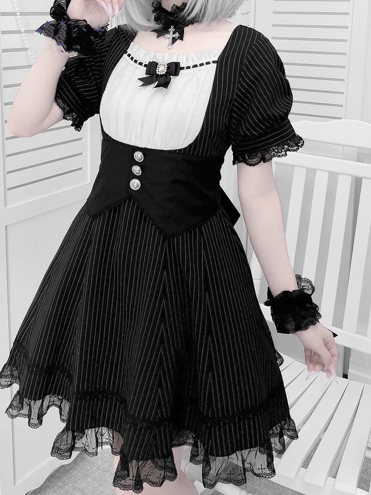 Kleid Schwarz Voll Gestreiften Taille Jirai Kei Set Korsett Gürtel Design bei mit