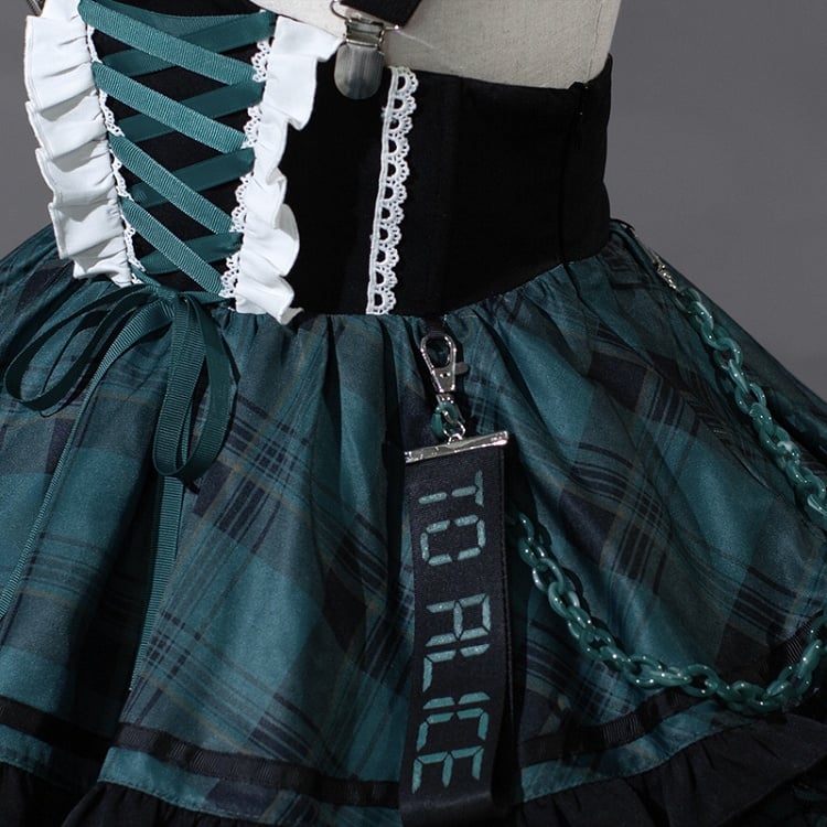 Overall Punk and Lace-up Waist Black Plaid Detail Corset Lolita Dress Green