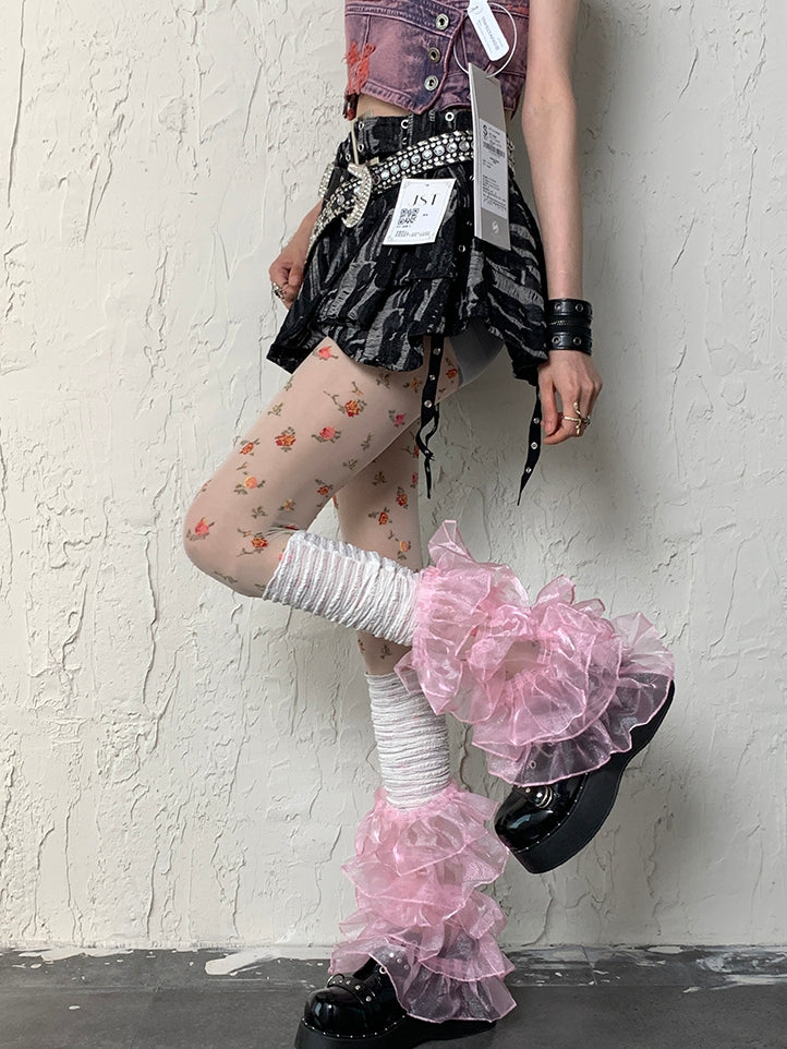 White Y2K + Pattern Multi-layered Set Floral Leg WhitePink Sleeves Lace Tights Trim