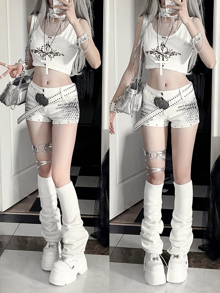 White Low-Rise Snakeskin Print Mini Shorts